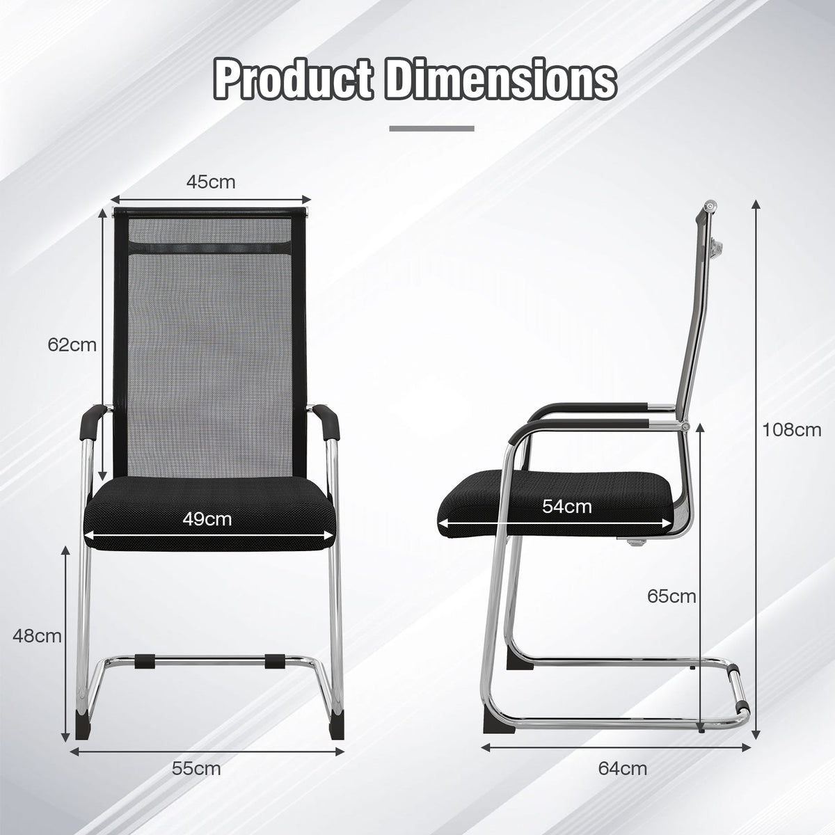 Product dimensions diagram for the black office guest chair
