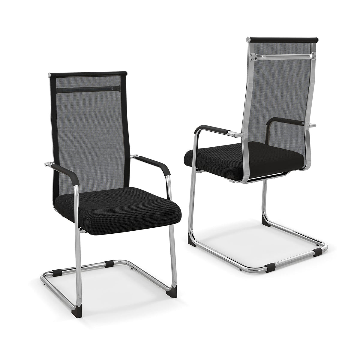 Set of 2 Office Guest Chairs with metal sled base and armrests in black