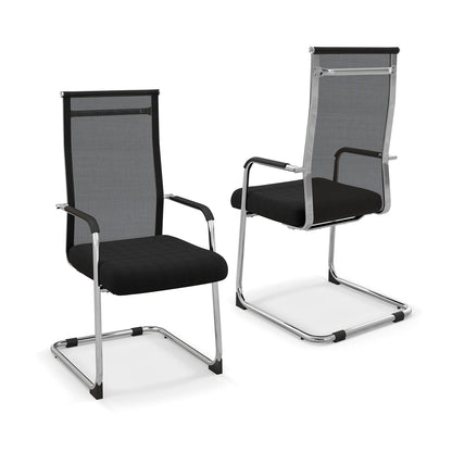 Set of 2 Office Guest Chairs with metal sled base and armrests in black