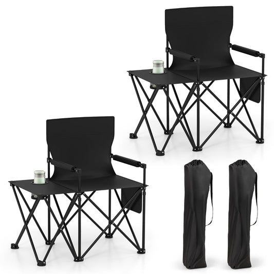 Set of 2 Oversized Camping Chair with side tables and black storage bags on a white background