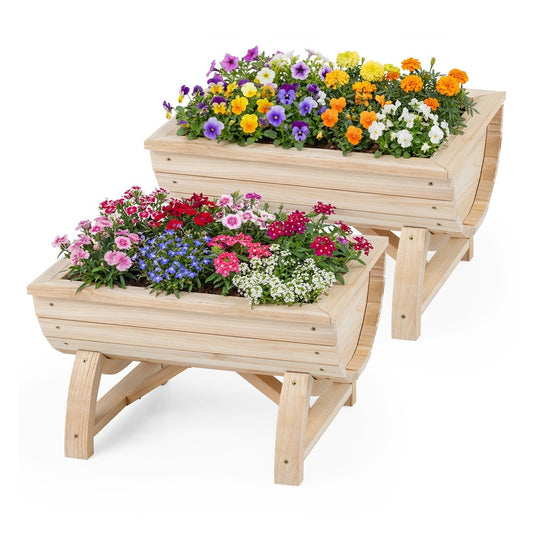 Set of 2 Raised Wood Garden Beds with Legs and Drainage Hole for Vegetables-Natural