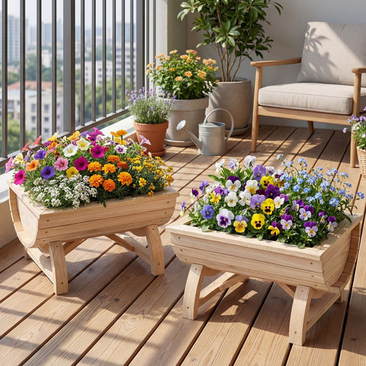 Two wooden raised garden beds filled with colourful flowers on a wooden deck