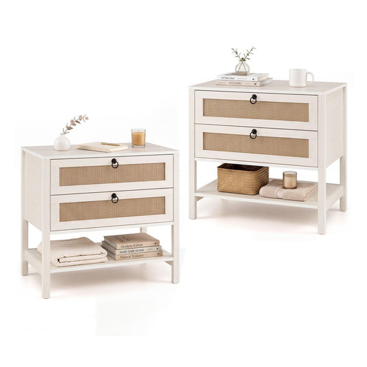 Set of 2 Rattan Nightstand 68 cm with 2 drawers and a shelf, white finish