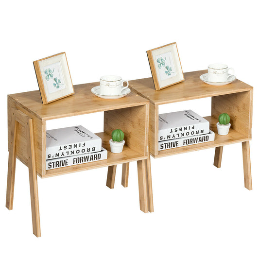 Set of 2 Stackable Bedside Table units shown side by side with books and decor on the shelves