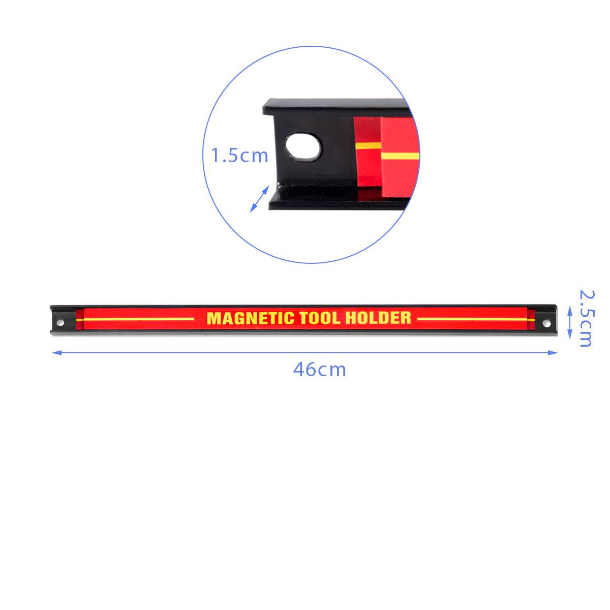 The magnetic storage bar with a circular inset showing the profile and mounting hole