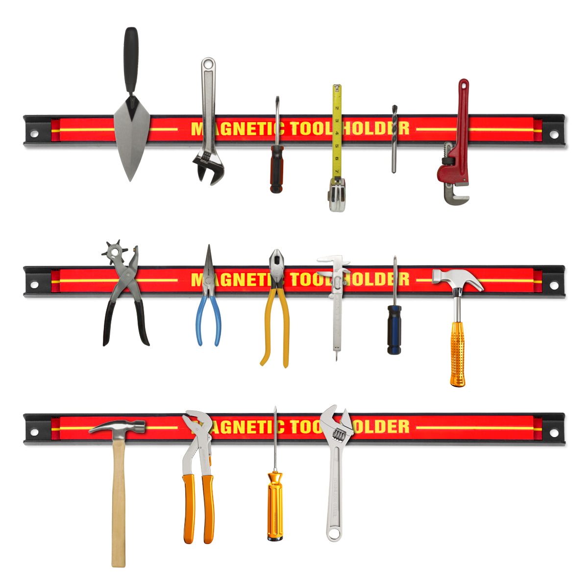 The three magnetic strips displayed horizontally with assorted tools attached