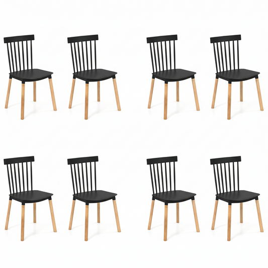 Set of 8 Windsor Dining Chairs with spindle backs and curved seats shown in black