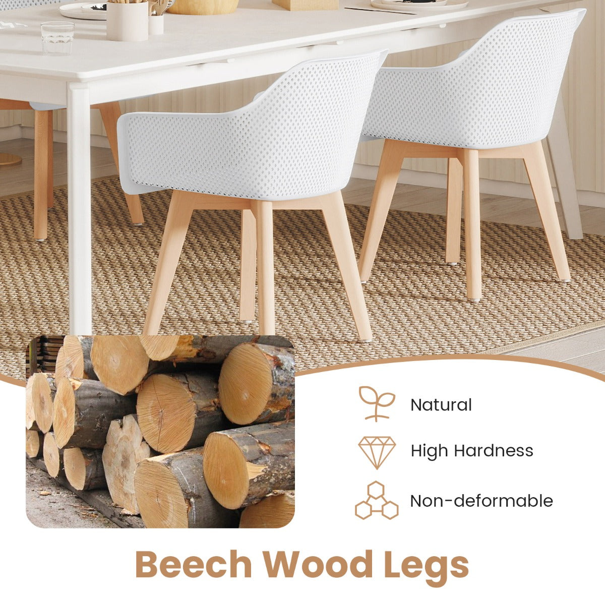 Set of 2 Modern Plastic Dining Chairs with Wood Legs-White