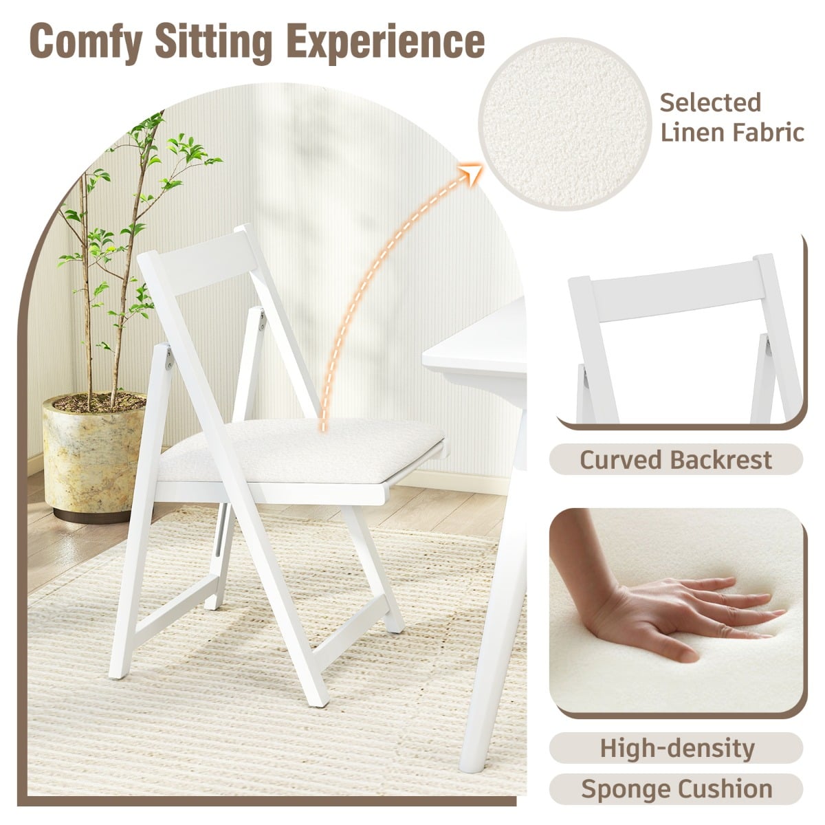 Set of 4 Foldable Dining Chair with Padded Seat and Curved Backrest-White