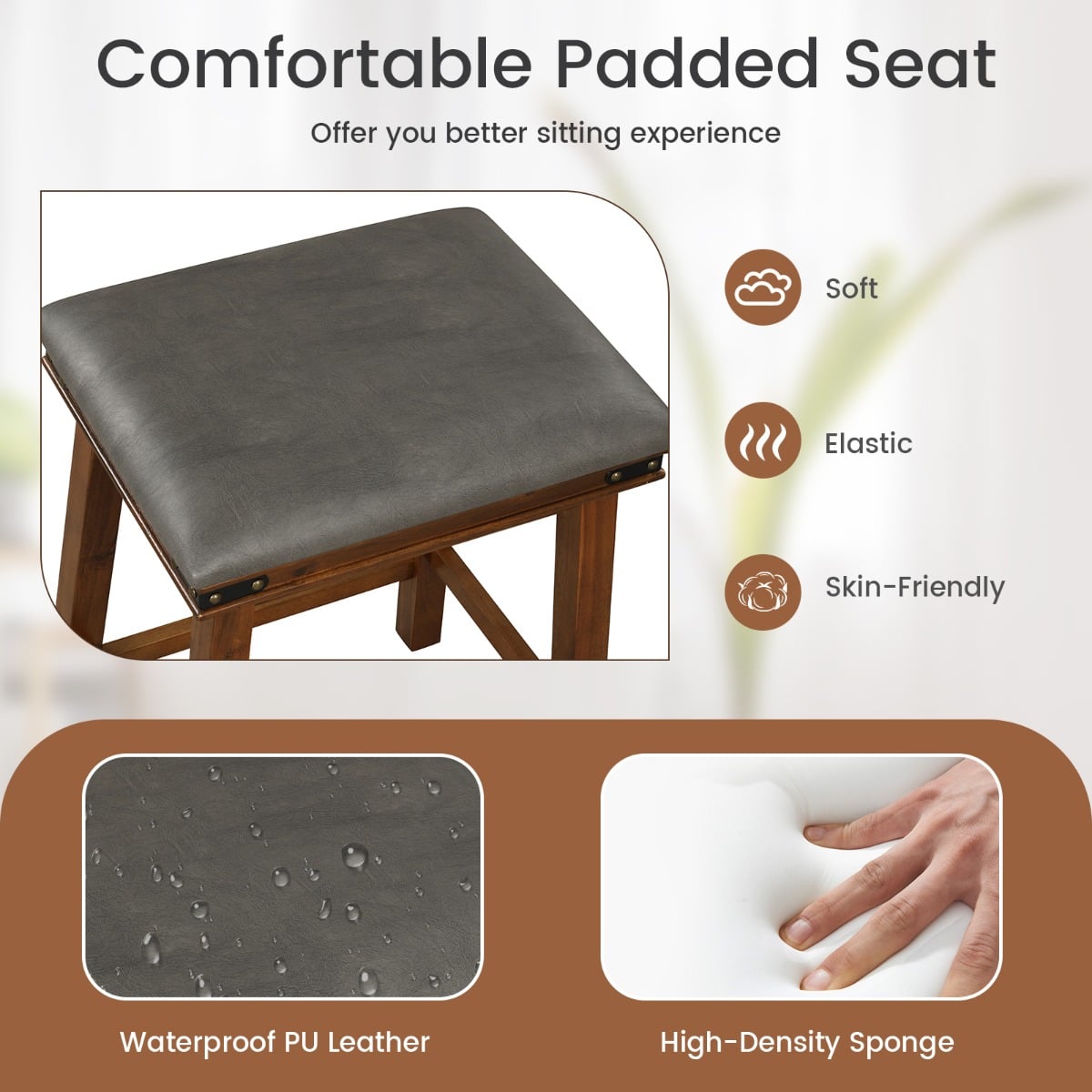 Set of 4 Upholstered Bar Stool 76cm Backless Height Bar with Footrest-Brown