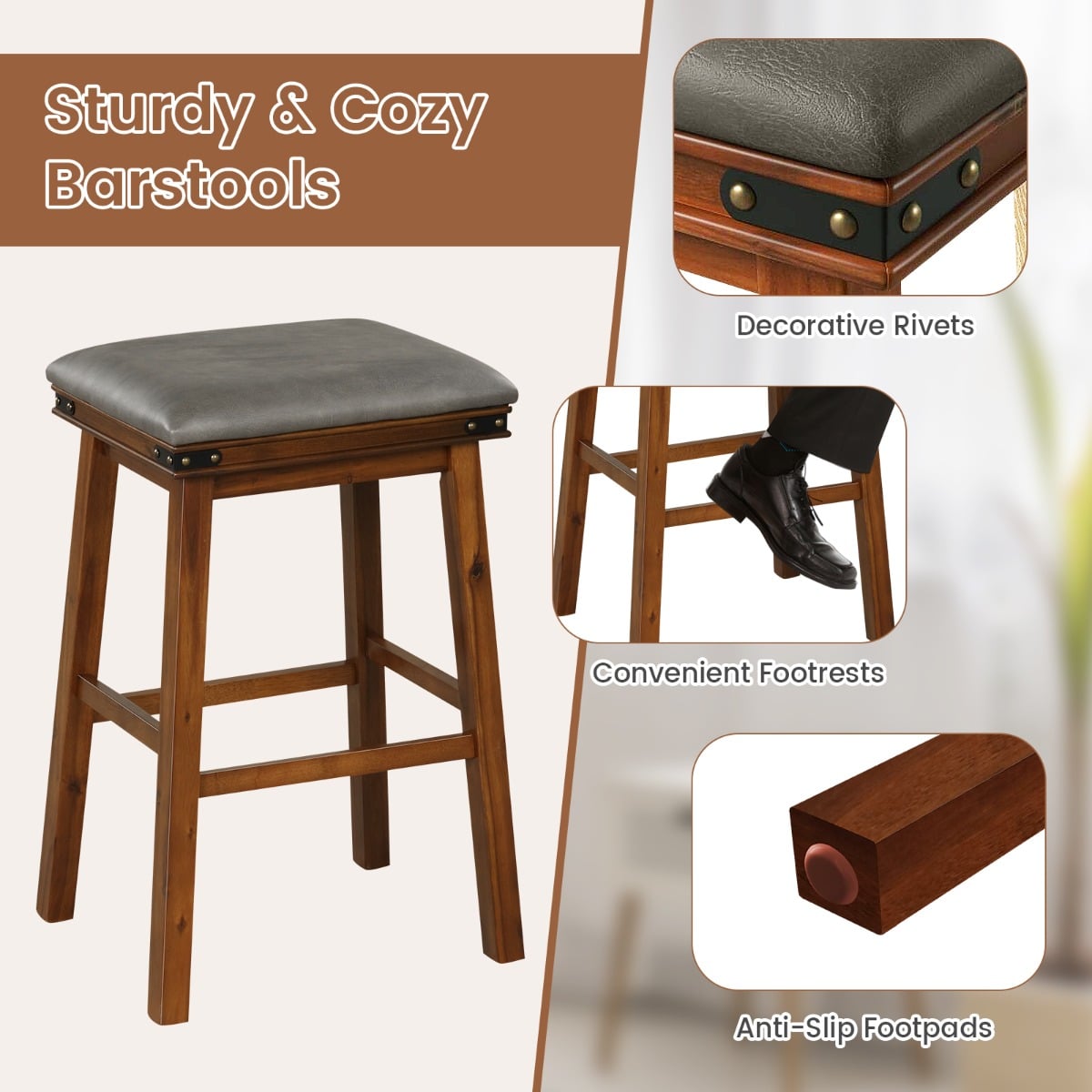 Set of 4 Upholstered Bar Stool 76cm Backless Height Bar with Footrest-Brown