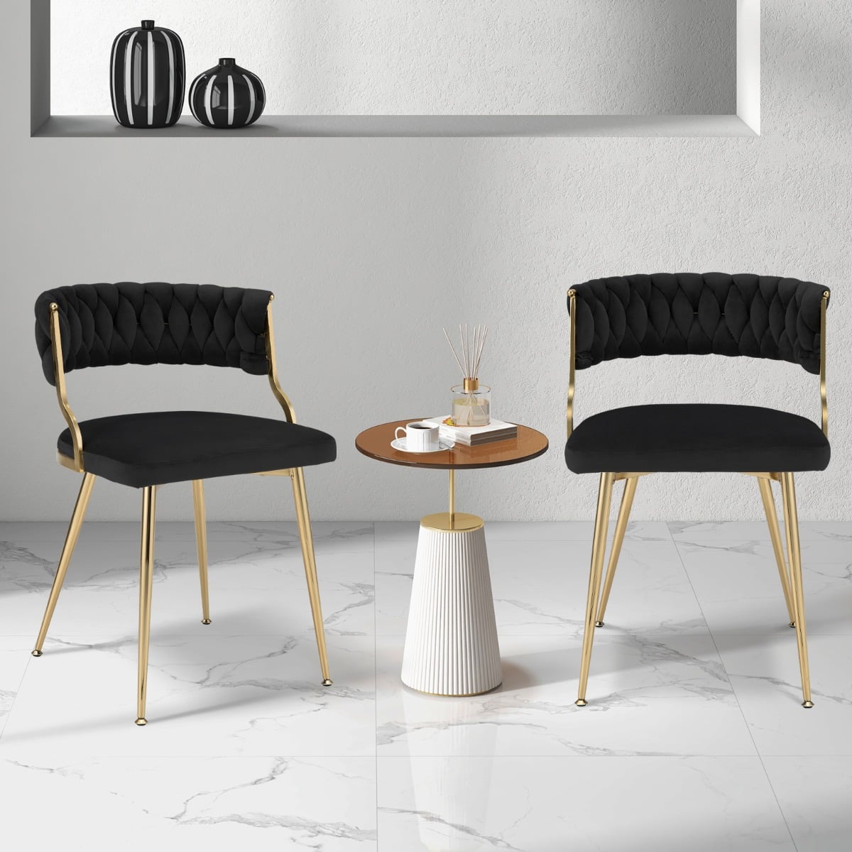 Set of 4 Velvet Dining Chair with Metal Legs and Woven Back-Black