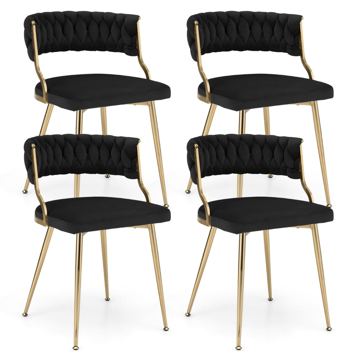 Set of 4 Velvet Dining Chair with Metal Legs and Woven Back-Black