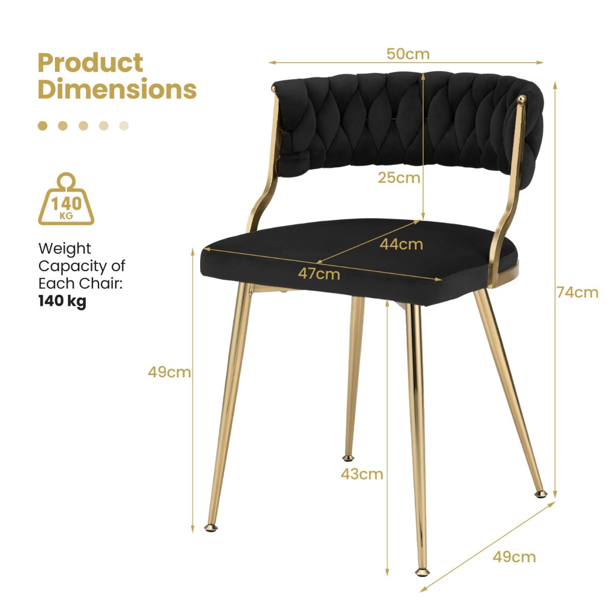 Set of 4 Velvet Dining Chair with Metal Legs and Woven Back-Black