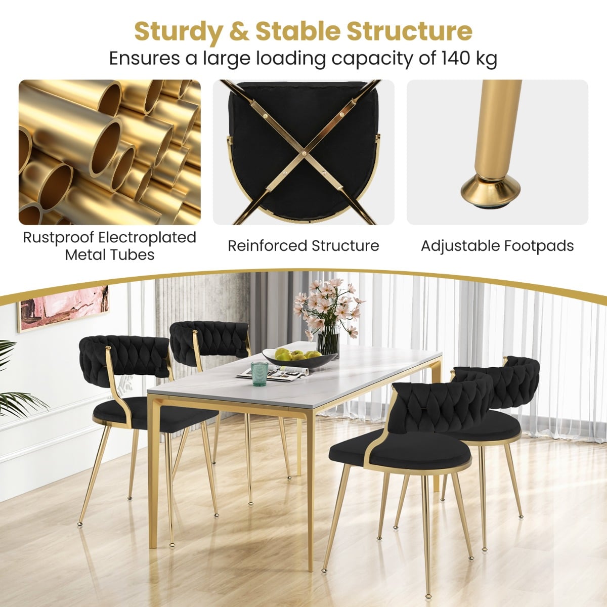 Set of 4 Velvet Dining Chair with Metal Legs and Woven Back-Black