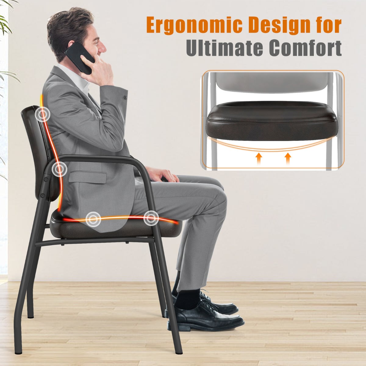 Set of 4 Waiting Room Chairs with Integrated Armrests No Wheels-Brown