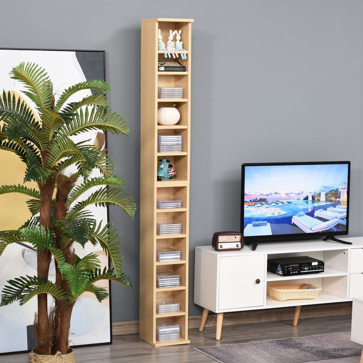 HOMCOM 204 CD Media Display Shelf Unit Set of 2 Blu-Ray Tower Rack w/ Adjustable Shelves Bookcase Storage Organiser, Natural Wood Colour