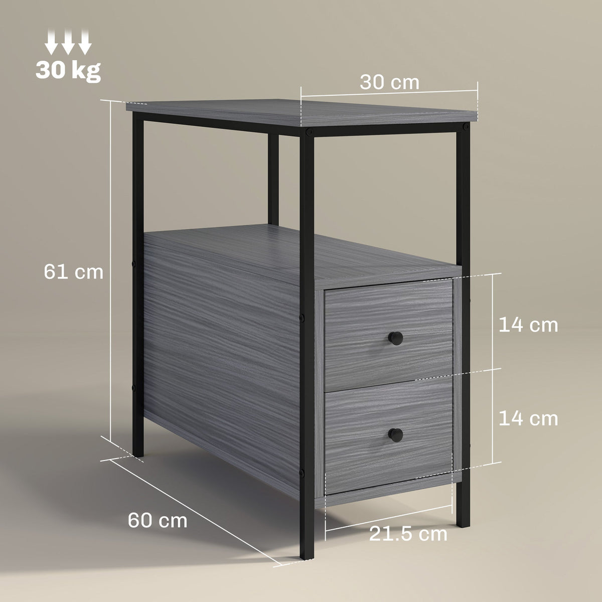 HOMCOM Side Table, Narrow Bedside Table with 2 Drawers and Storage Shelf, Industrial End Table with Metal Frame for Small Spaces, Grey Wood Grain