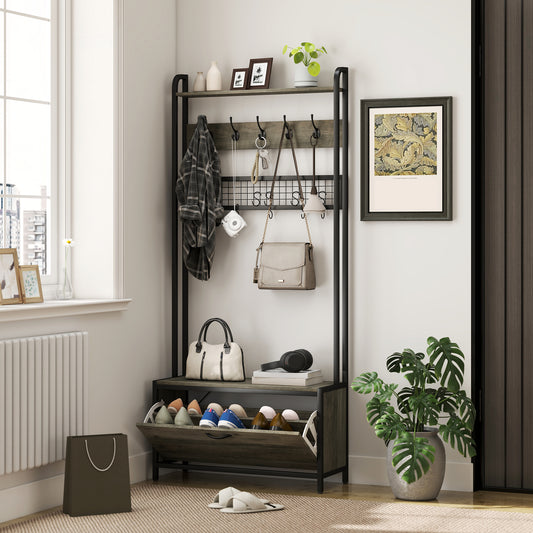 HOMCOM 5-In-1 Industrial-Style Hallway Tree in Grey and Black