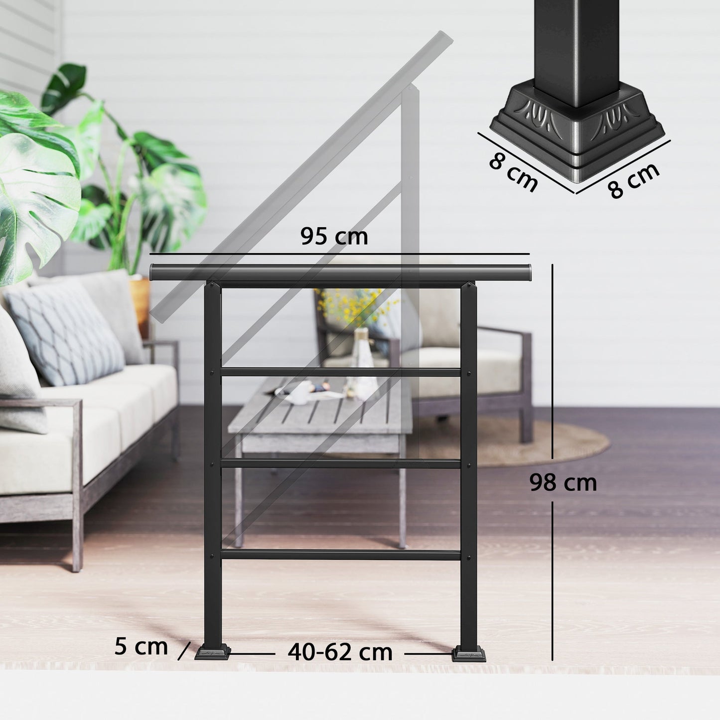 Outsunny Outdoor Handrail for Stairs, 0°-45° Adjustable Wrought Iron Exterior Handrail, Fit 1 to 3 Steps Stair Railing