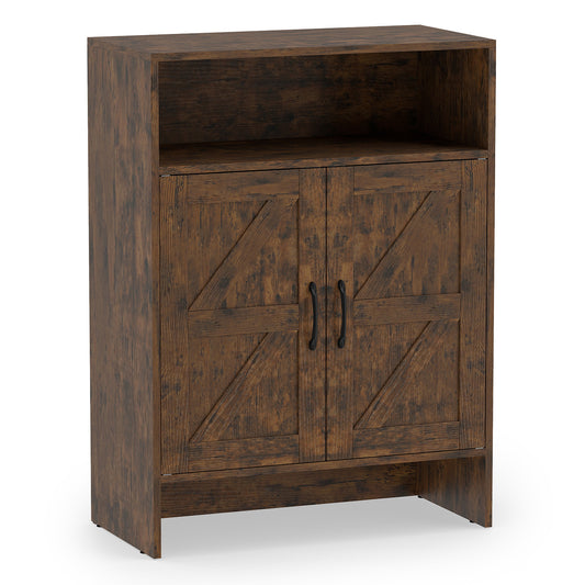 Shoe Cabinet with 2 Barn Doors in a dark brown wood finish with an open top shelf