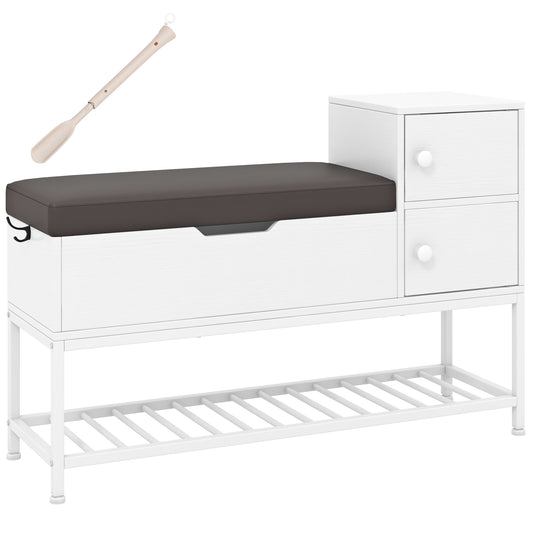 Shoe Entryway Bench with flip top box and two door cabinets in white