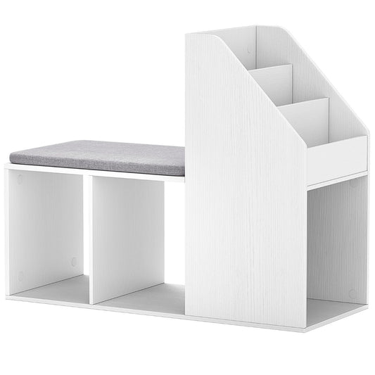 Shoe Storage Bench with 3-Tier Rack and Side Compartments in white with grey cushion