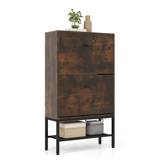 Shoe Storage Cabinet with two flip drawers and a lower shelf in rustic brown finish