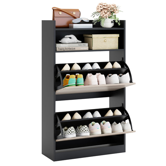Shoe Storage Cabinet with 2 flip drawers and open storage in black, showing the full unit with shoes and accessories