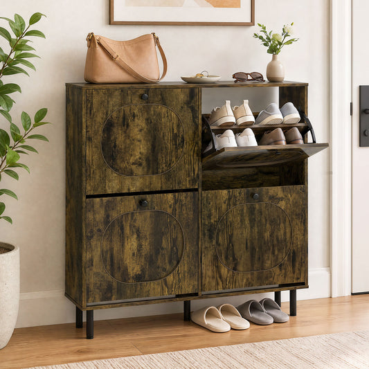 The shoe storage cabinet with 4 flip drawers for entryway shown in a hallway with shoes inside