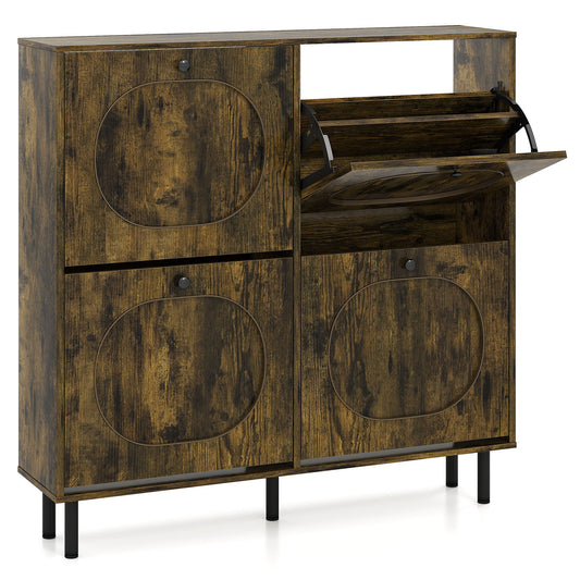 Shoe Storage Cabinet with 4 Flip Drawers for Entryway in rustic brown wood effect