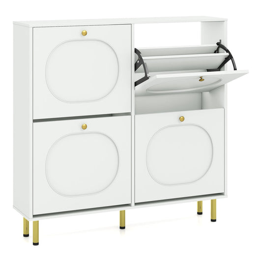 Shoe Storage Cabinet with 4 Flip Drawers for Entryway in white with gold legs
