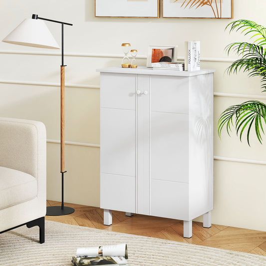The white storage unit standing in a bright living room next to a floor lamp