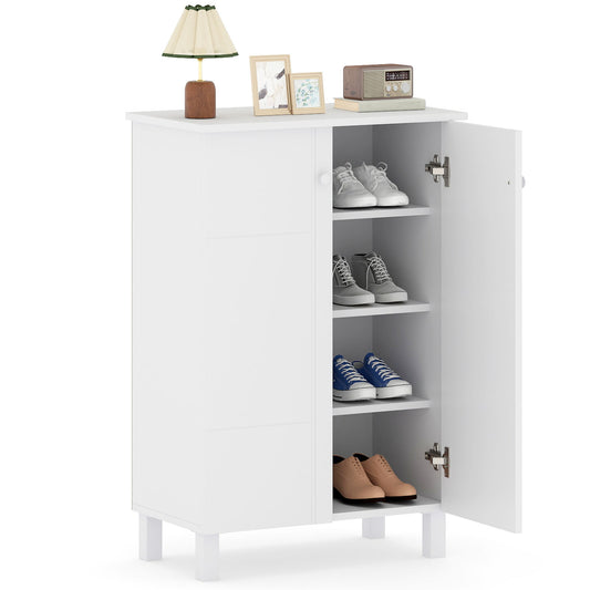 Shoe Storage Cabinet with one door open showing shoes on shelves and decor on top