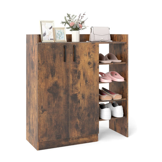 Shoe Storage Organizer with 2 adjustable inner shelves and 4 open shelves in rustic brown
