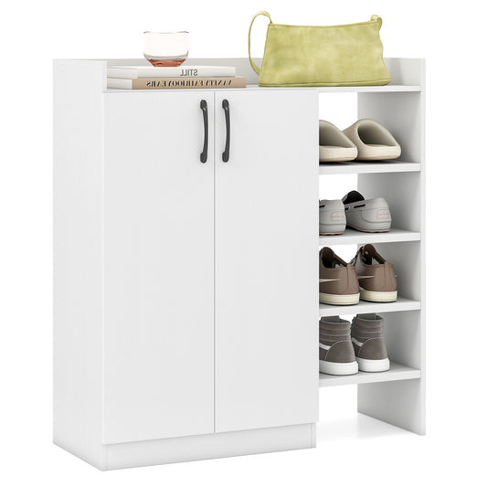 Shoe Storage Organizer with two doors and four open shelves, white finish