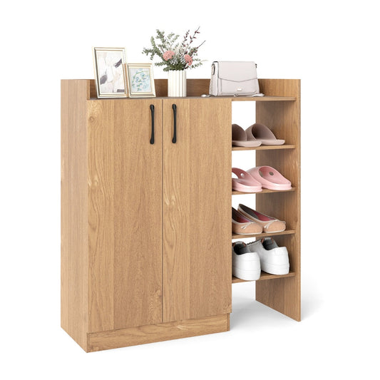 Shoe Storage Organizer with two doors and four open shelves in natural wood finish