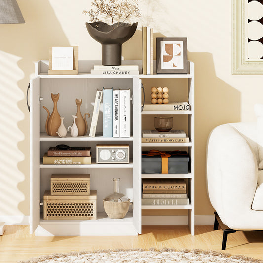 The white shoe storage unit styled with books and decorative items