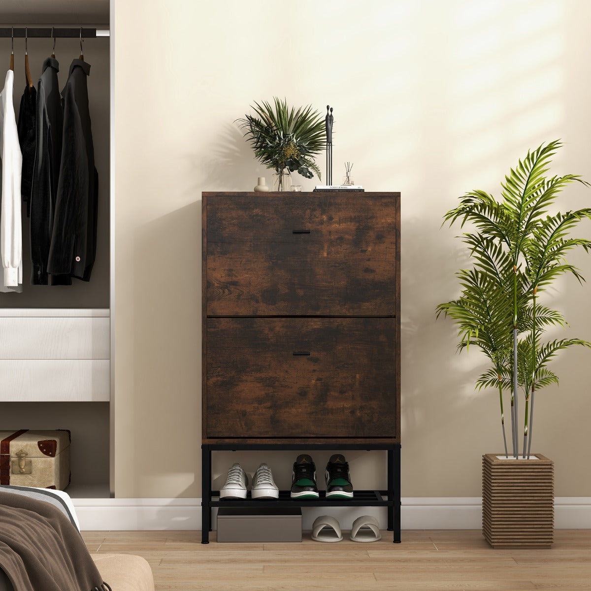 Shoe Storage Cabinet with 2 Flip Drawers and Adjustable and Removable Shelves-Rustic Brown