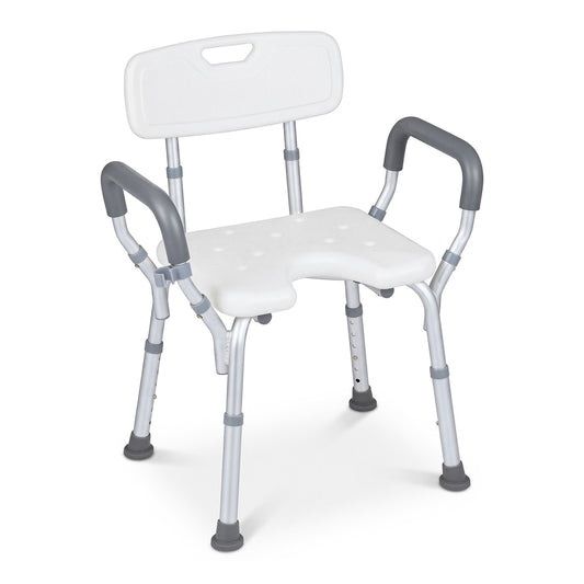 Shower Chair Height Adjustable with Backrest and Padded Armrests, a silver shower stool with a backrest and armrests