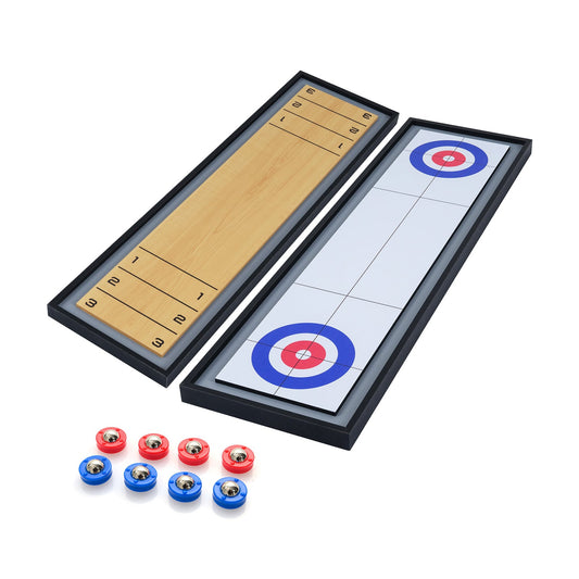 Shuffleboard and Curling 2 in 1 Board Game with eight rolling pucks on a white background