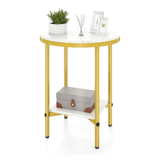 Side Table with a white faux marble top and a lower shelf, supported by gold legs