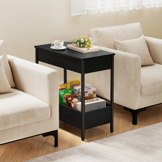 The narrow end table is placed between two sofas, holding snacks in its lower shelf
