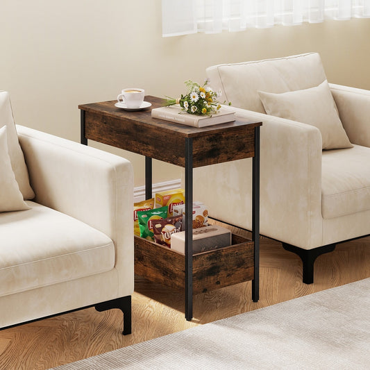 The rustic brown end table is shown in a living room setting between two sofas
