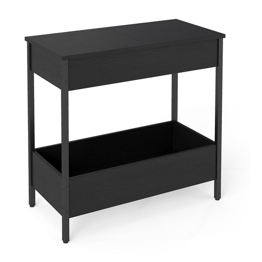 Side Table with 2 Storage Shelves, a black unit with two open shelves and a flat top