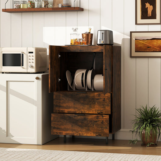 The open cabinet showing internal shelves and two drawers below
