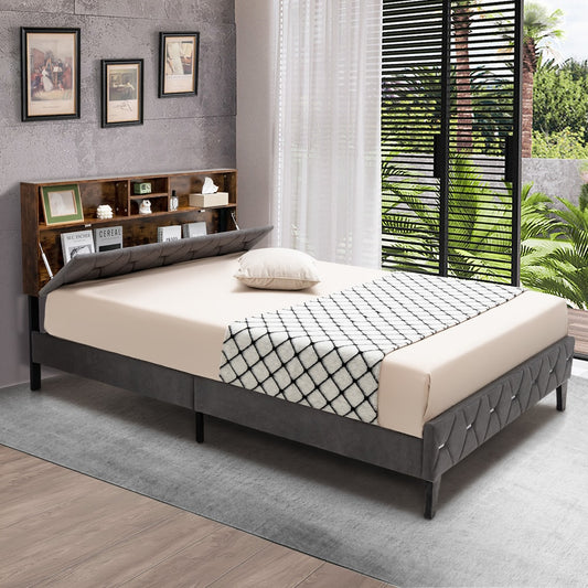 The double bed frame with storage headboard is shown in a bedroom setting