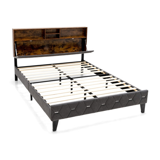 Single/Double Bed Frame with storage headboard and slat support in double size