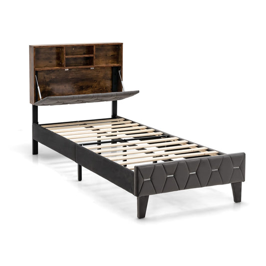 Single/Double Bed Frame with storage headboard and slat support in single size, shown with headboard open