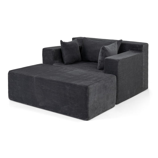 Single Foam Sofa with ottoman and pillows in grey corduroy fabric on a white background